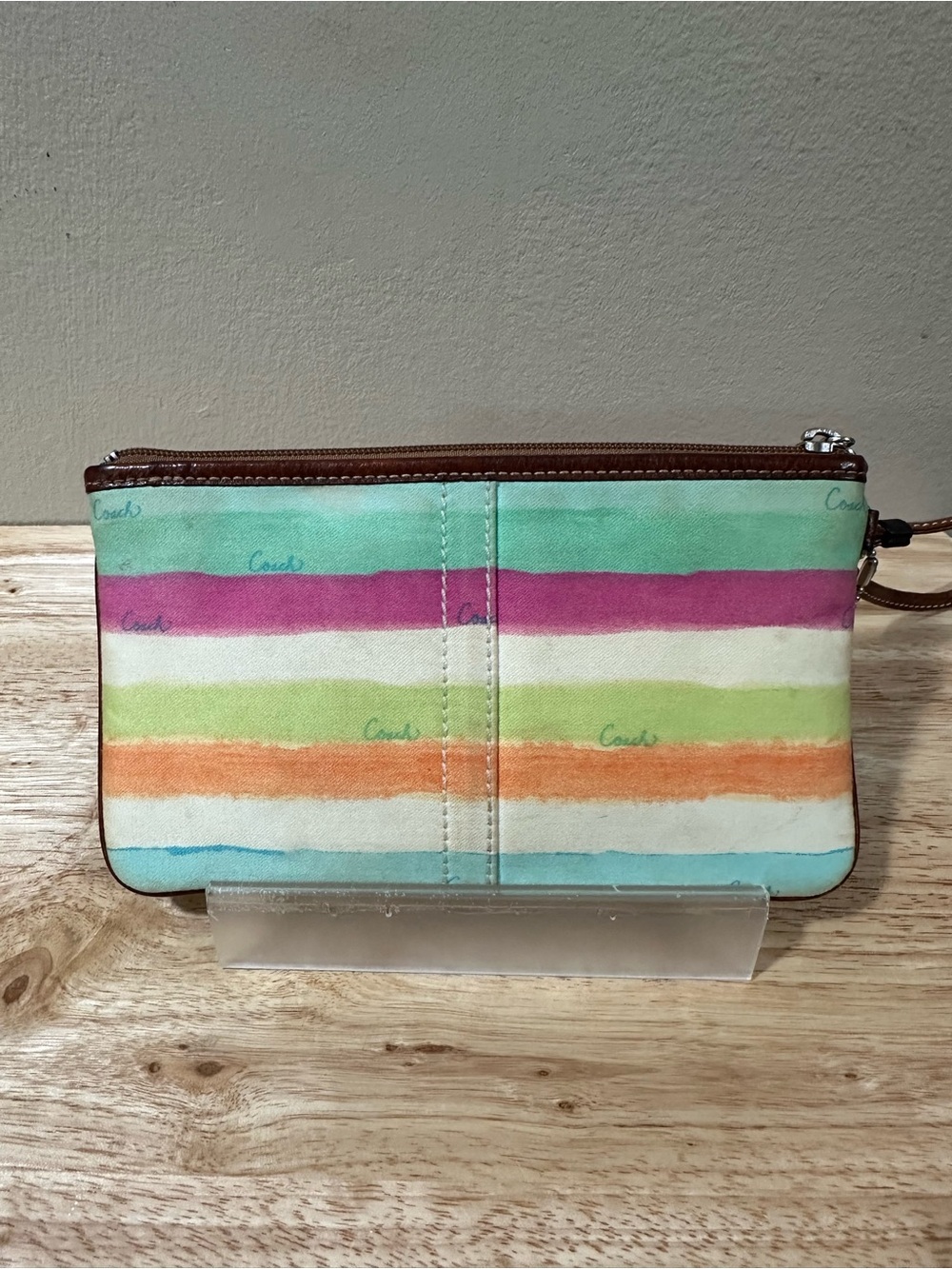 Coach Striped Multicolor Canvas Wristlet with Brown Leather Trim - Picture 13 of 15